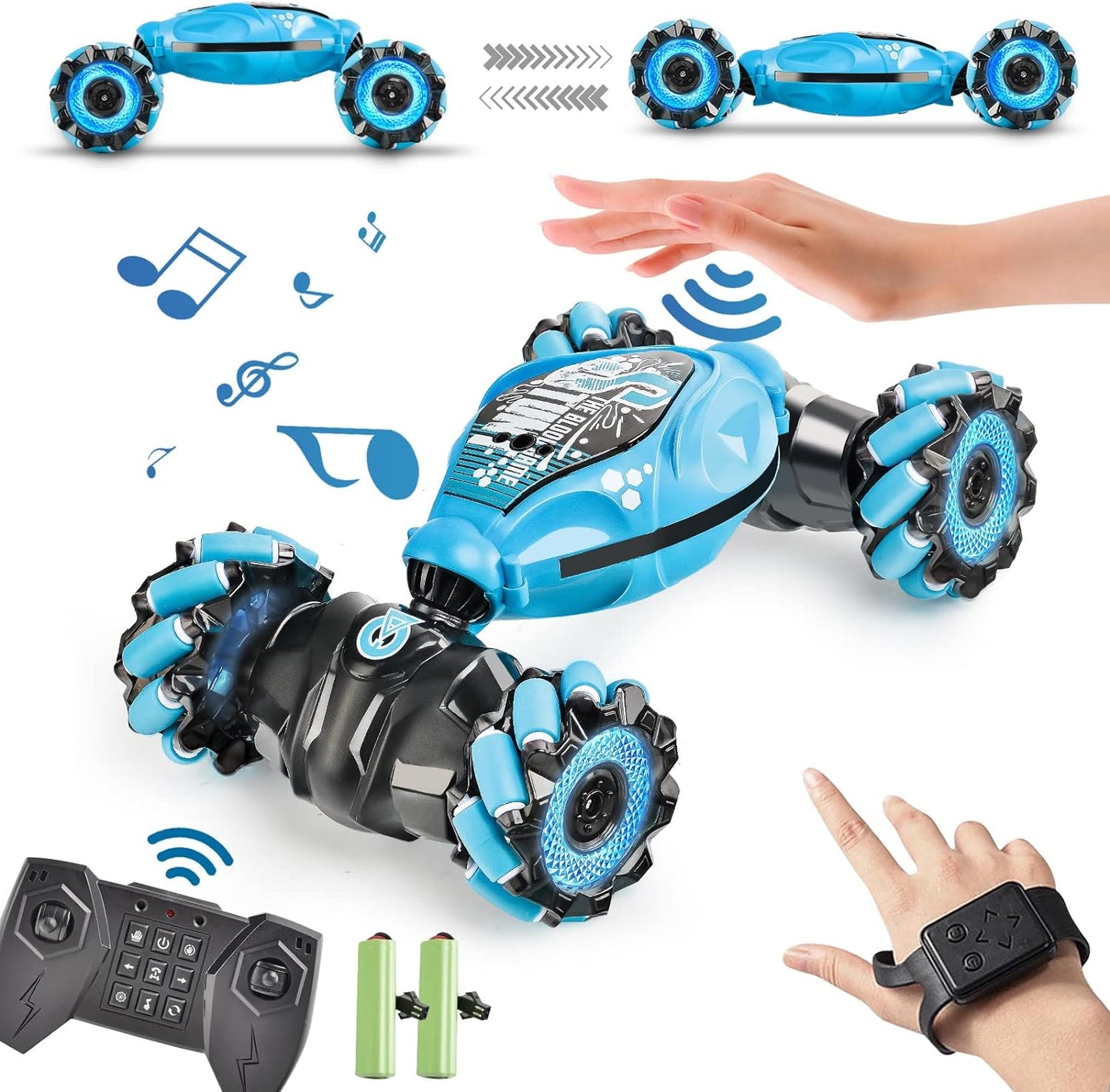 Coche de control remoto, 2.4G 4WD , todos los terrenos de doble cara giratoria controlados a mano, camión RC gesto para niños y niñas con música