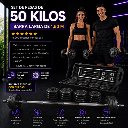 Kit Fitness Premium 50 kg en Hierro macizo + Barra  + Estuche