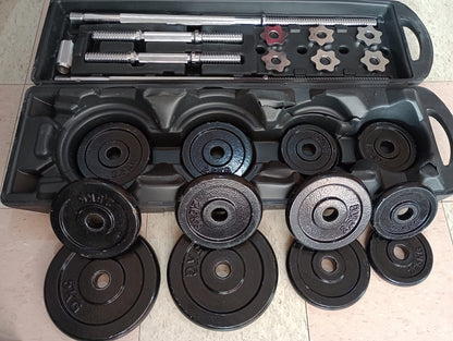 Kit pesas 50 Kilos en hierro con estuche barra larga 1,50