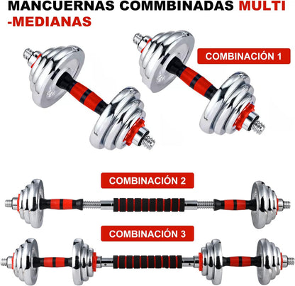Kit Mancuernas Cromadas 20 Kilos Pesas +barra y Estuche Maletín