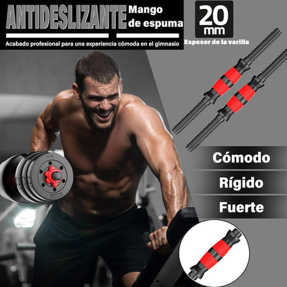 Kit pesas 60 libras PRO Multifuncional + barra larga 1,40 M + PESAS TOBILLERAS 2KG