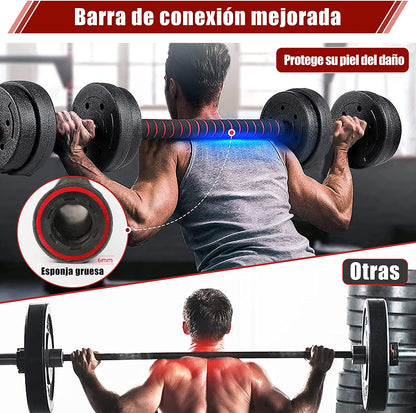 Kit pesas 60 libras PRO Multifuncional + barra larga 1,40 M + PESAS TOBILLERAS 2KG