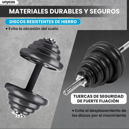 Kit Fitness Premium 50 kg en Hierro macizo + Barra  + Estuche