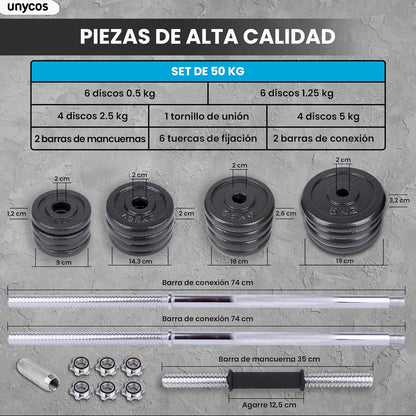 Kit Fitness Premium 50 kg en Hierro macizo + Barra  + Estuche