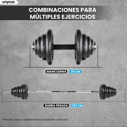 Kit Fitness Premium 50 kg en Hierro macizo + Barra  + Estuche