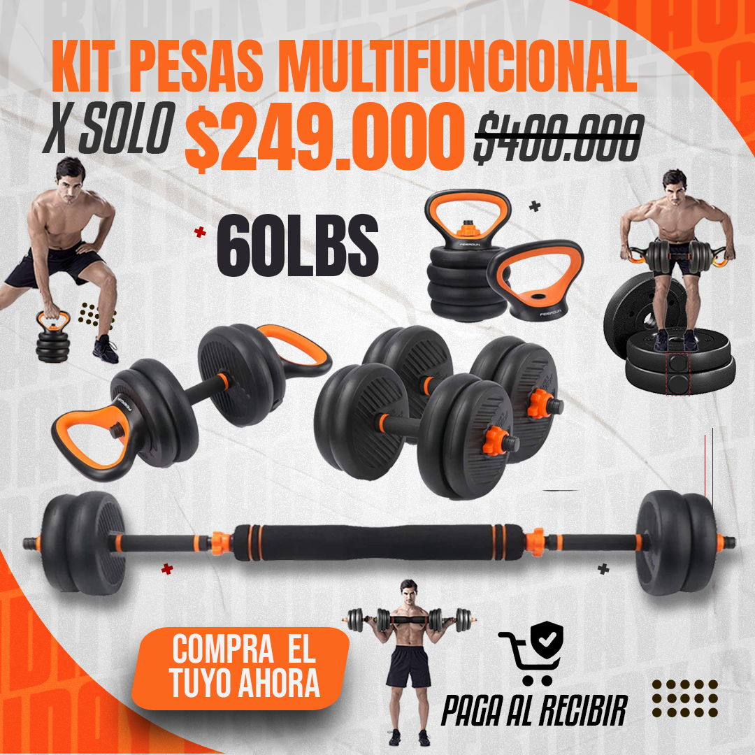 Kit Mancuernas multifuncionales 6 en 1 PRO Barra larga + Pesa russa 30KG