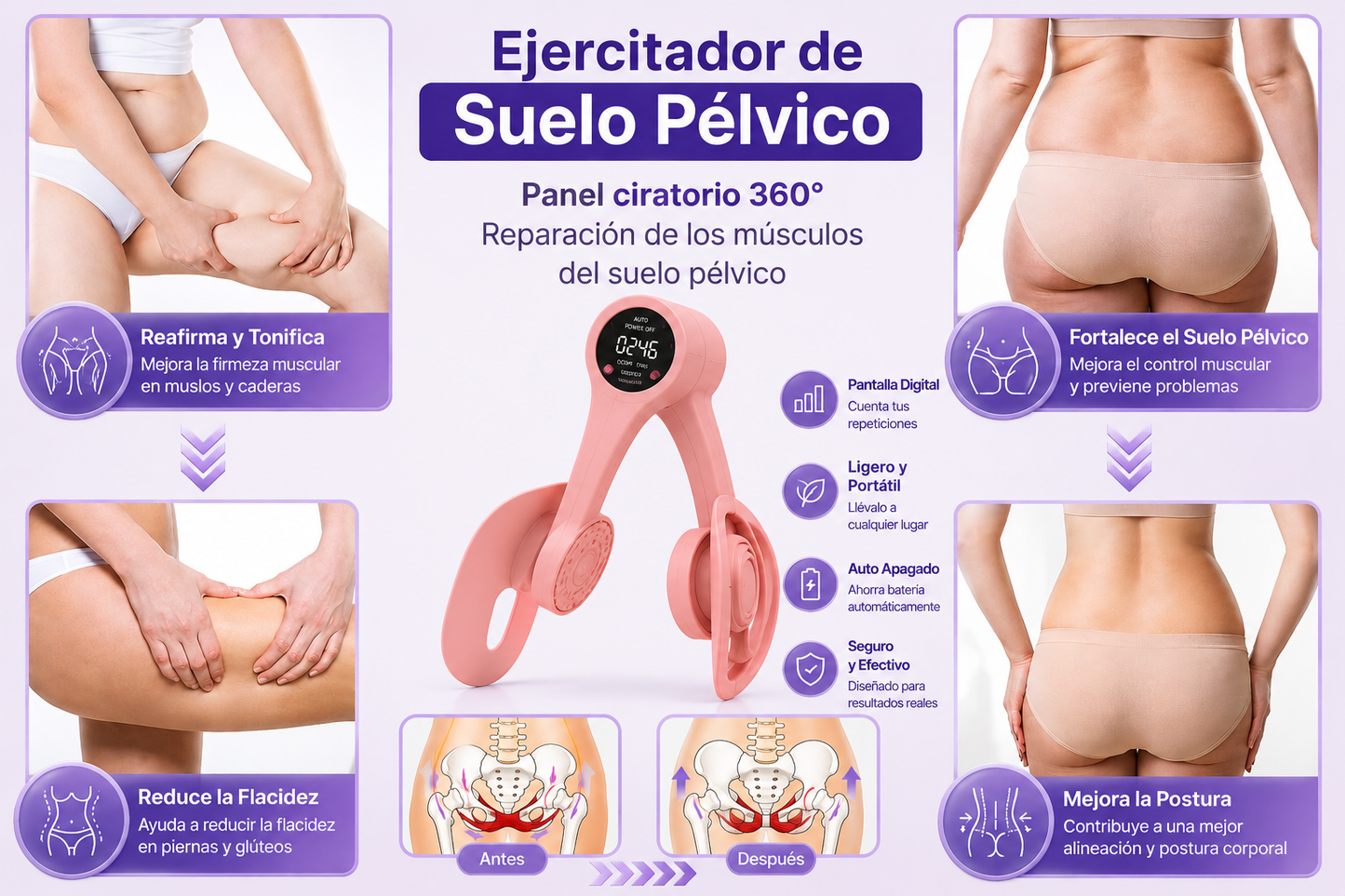 Entrenador Kegel Premium con Contador Digital | Tonifica Glúteos, Piernas y Suelo Pélvico | Fitness y Recuperación Posparto