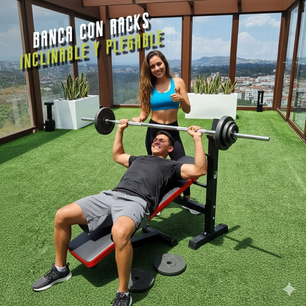 Banco de Pesas Ajustable  plegable con Soporte Convierte tu Hogar en un Gimnasio Completo