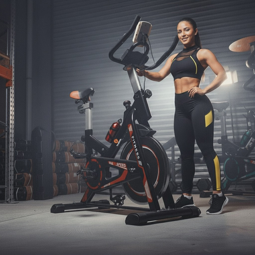 Bicicleta Estatica Spinning Gimnasio Fitness Pro + Sensor de cadencia y velocidad, 2 en 1 Bluetooth ANT+ RPM Set de Bandas Elásticas y de Tela