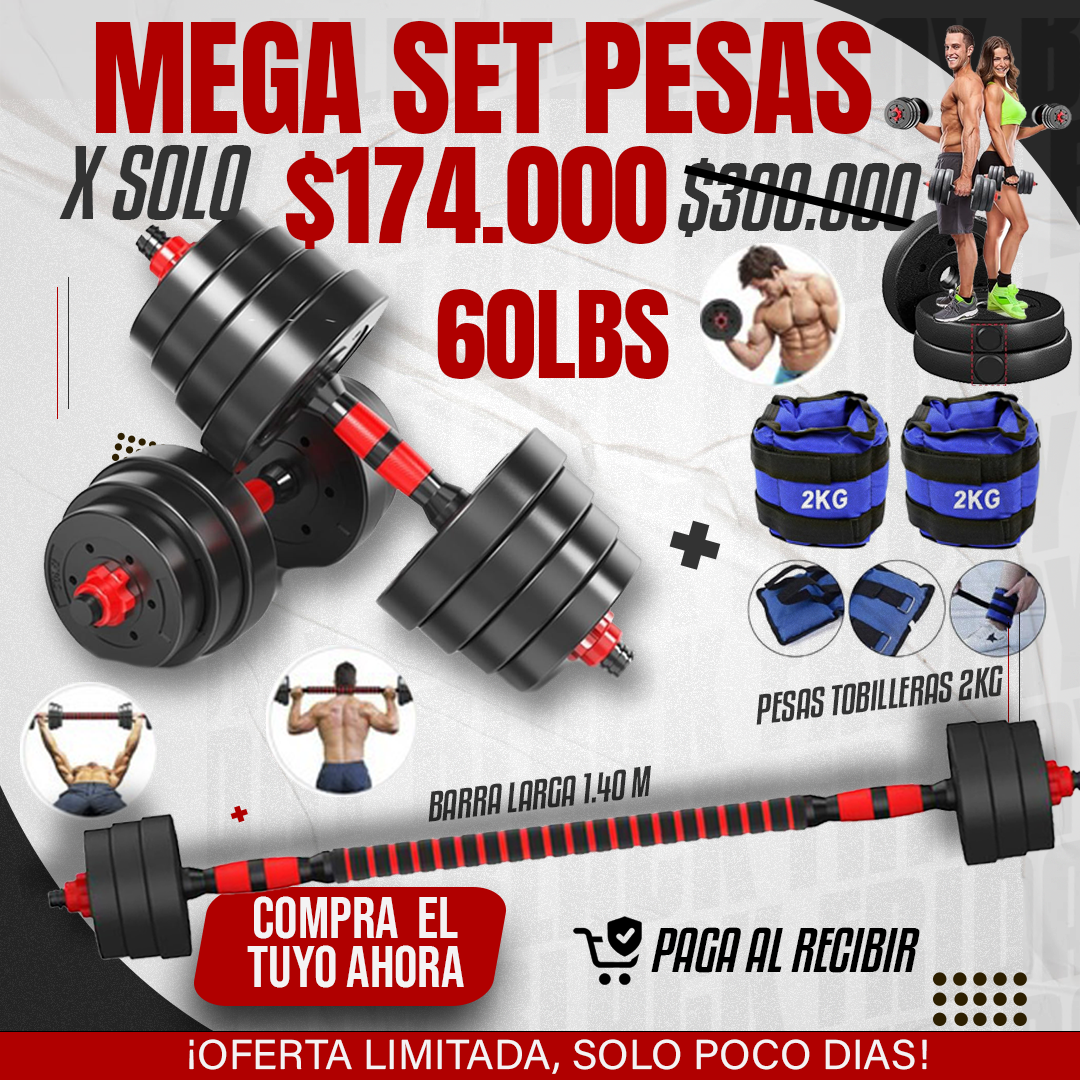 Kit pesas 60 libras PRO Multifuncional + barra larga 1,40 M + PESAS TOBILLERAS 2KG