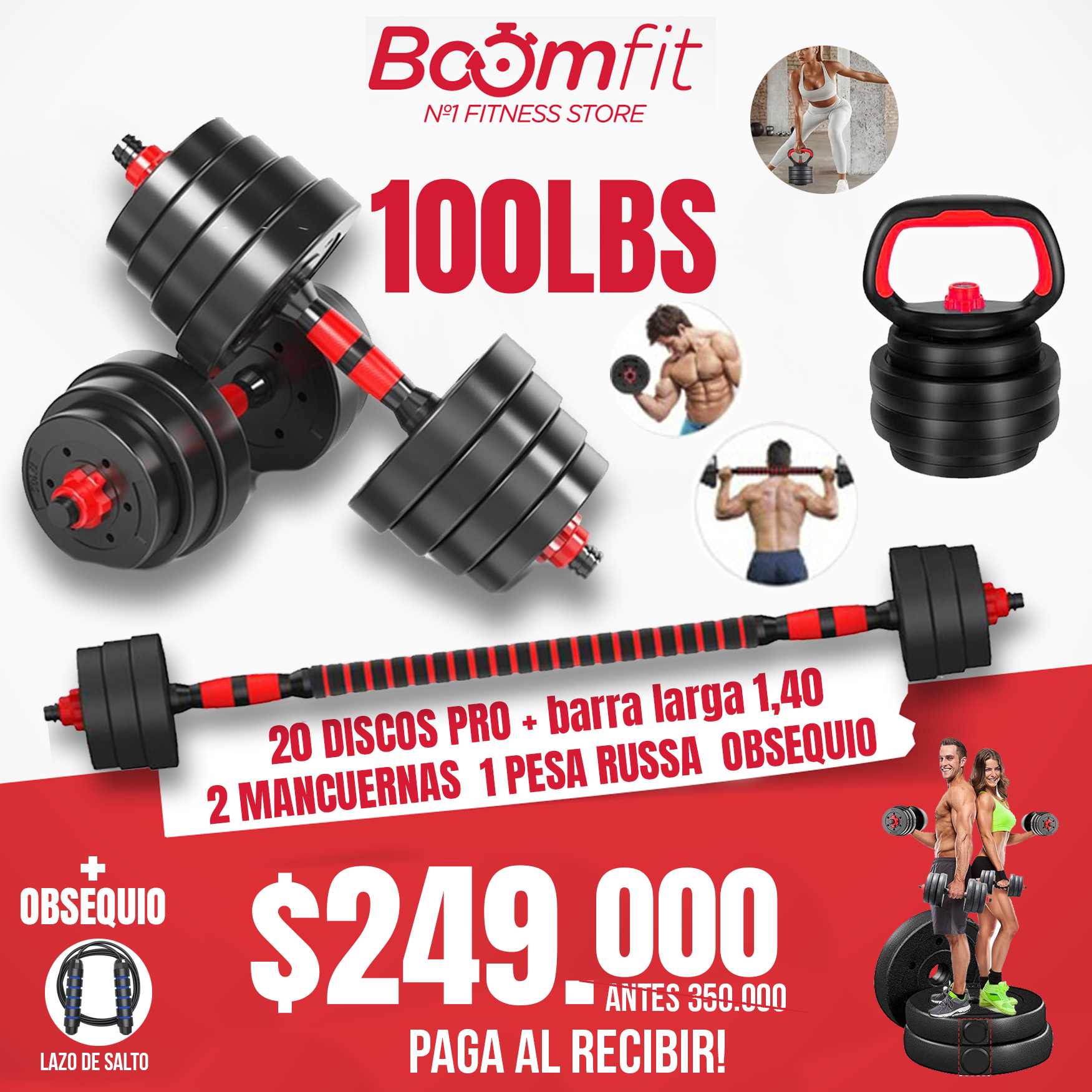 Kit de Pesas 100 Libras PRO con Pesa Rusa y Barra de 1,40 m + OBSEQUIO
