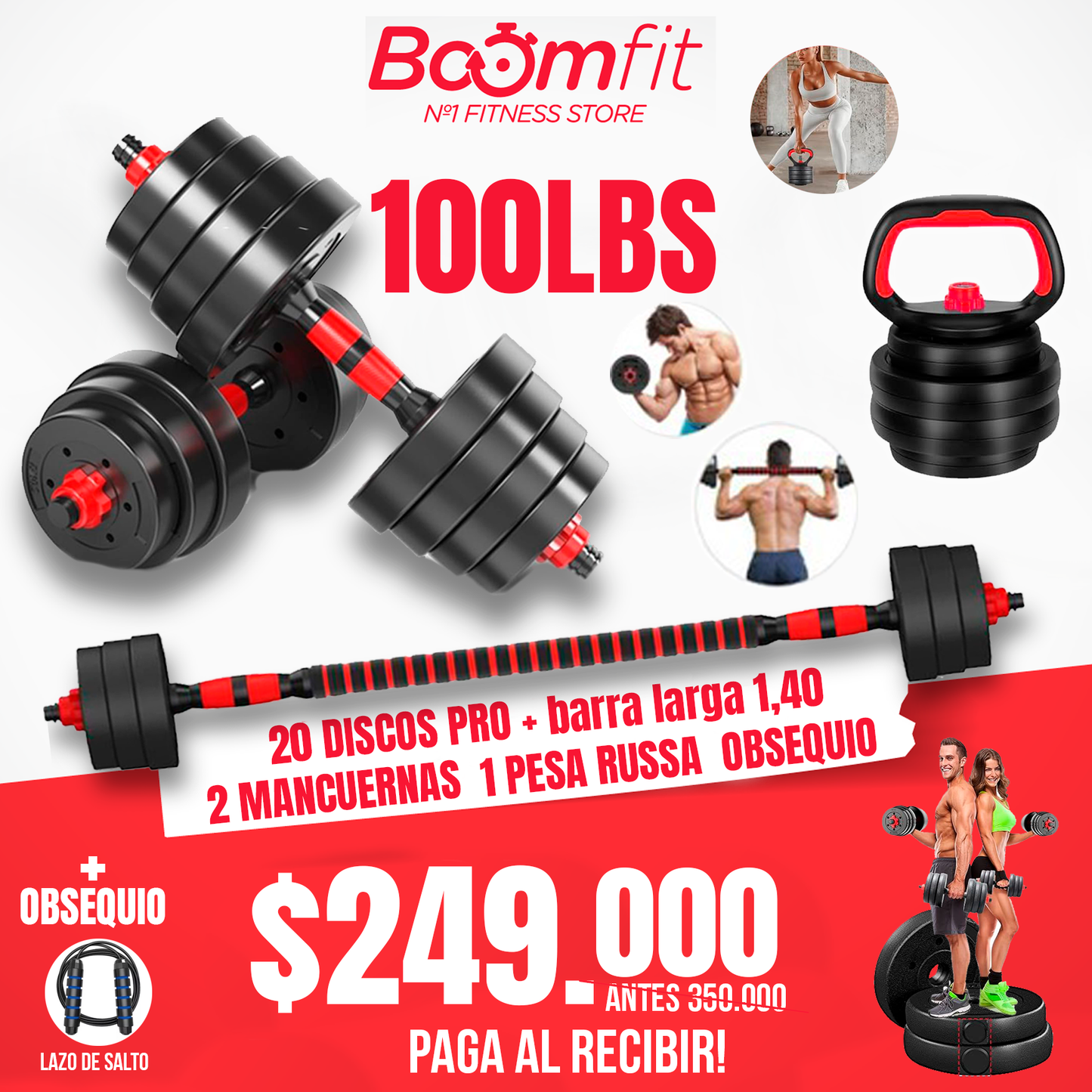 Kit de Pesas 100 Libras PRO con Pesa Rusa y Barra de 1,40 m + OBSEQUIO